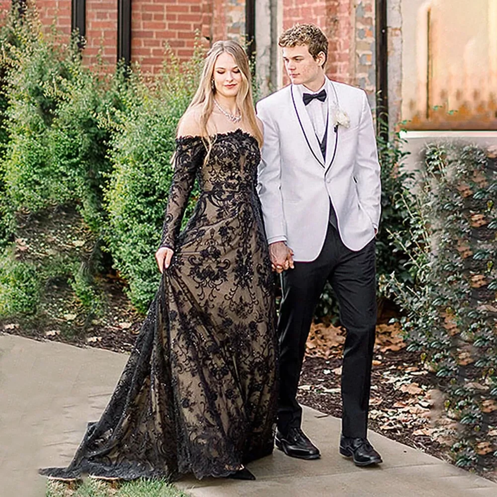 고딕 블랙 레이스 웨딩 드레스 오프 어깨 긴 소매 빈티지 신부 가운 백리스 코르셋 a 라인 맞춤형 Boho Vestido