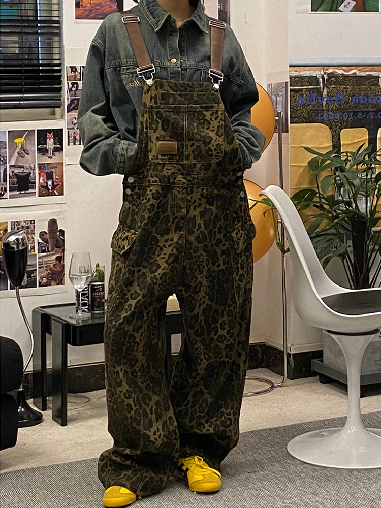 HOUZHOU Cargo Leopard Jumpsuit for Women Streetwear Hip Hop Punk Loose Bodysuits Overalls Female Spring and Autumn Pocket Pants