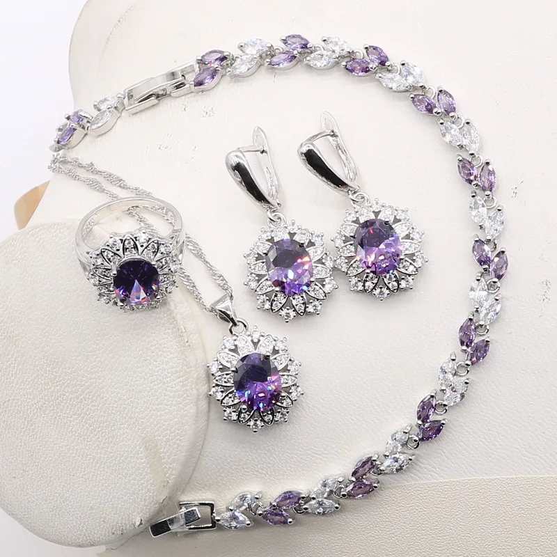 Silver 925 Natural Purple Jewelry For Woman Drop Earrings Set Pendants Ring Bracelets Wedding Party Zirconia Jewel Jewellery