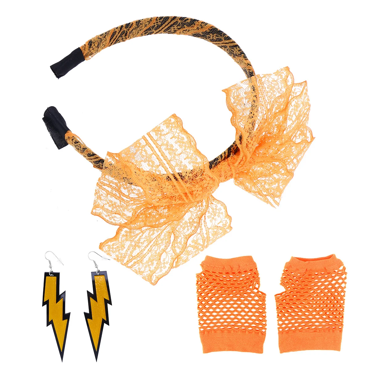 مجموعة قفازات من الدانتيل وعصابة رأس نيون بدون أصابع لإكسسوارات أزياء الحفلات 80S فستان ديسكو ريترو برتقالي #6