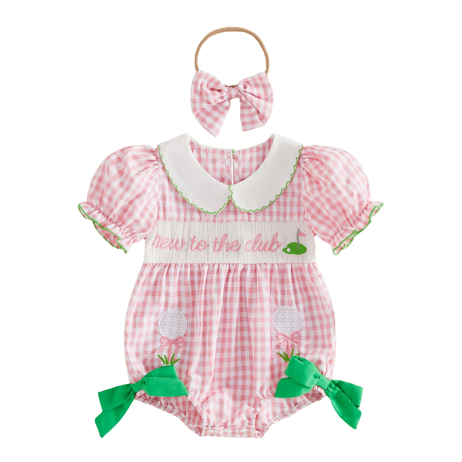 

Baby Girls 2 Piece Outfits Adorable Letter Golf Embroidery Short Sleeve Doll Collar Plaid Romper and Headband Set