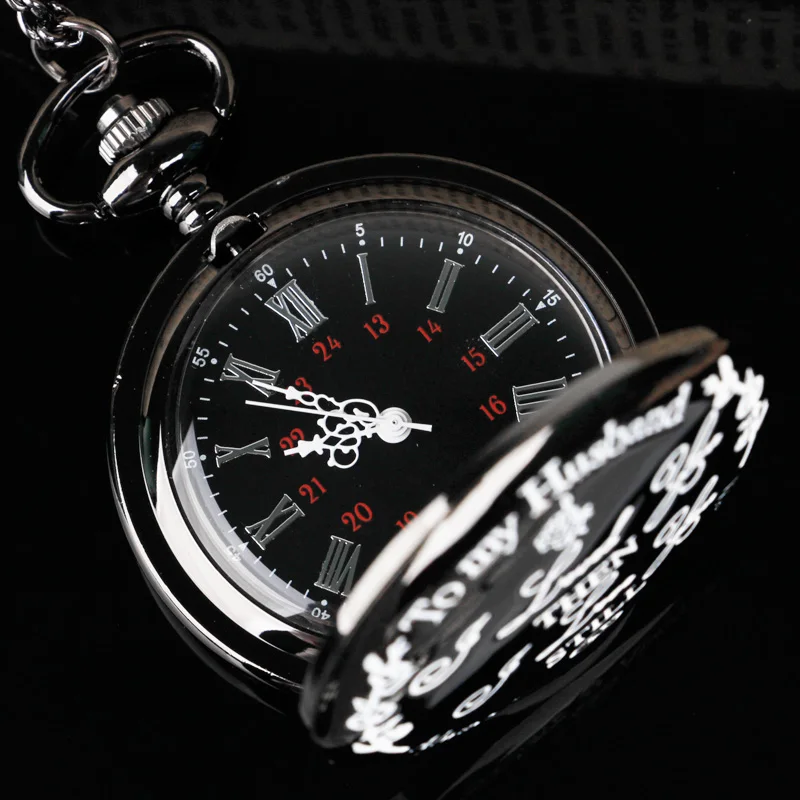 أسود "إلى زوجي" توقيت ساعة الجيب قلادة قلادة خمر Steampunk فوب ساعة للرجال Reloj De Bolsillo