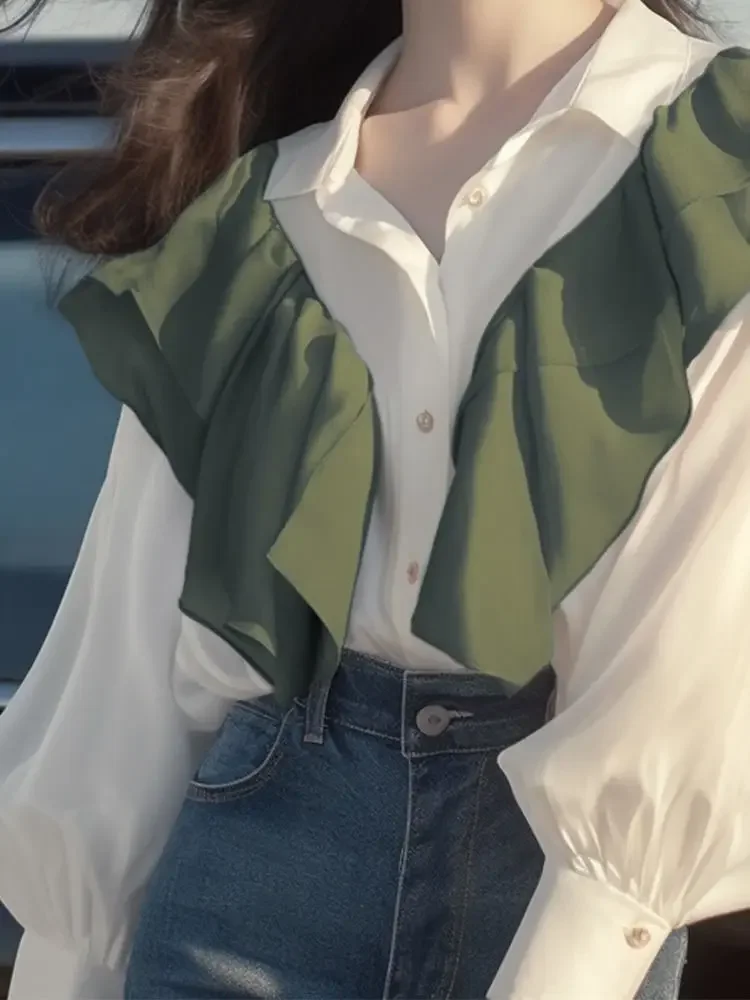 O design popular deste ano é exclusivo chique elegante linda cor contrastante com babados e emenda de borda camisa de manga comprida