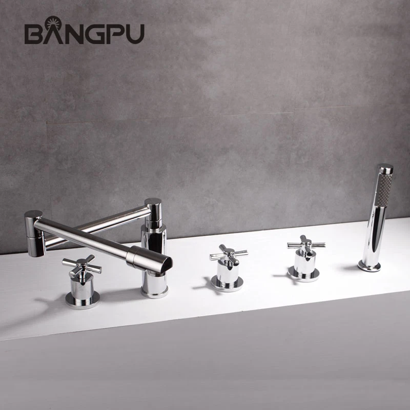 

Bathroom Tub Faucet Set with Sprayer Deck Mount Bathtub Faucet Combo Set 5 Hole Roman Tub Faucet with Handheld Shower Chrome
