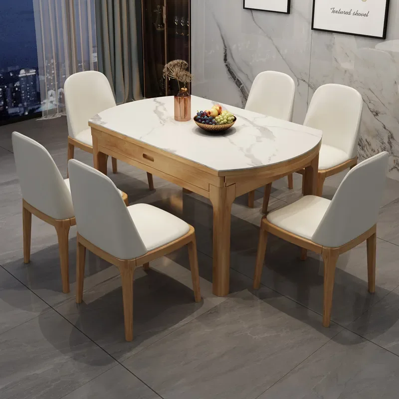 Nordic Log Wind Rock Slab Dining Table and Chair Set for Small Apartments Simple Round Telescopic Folding All Solid Wood