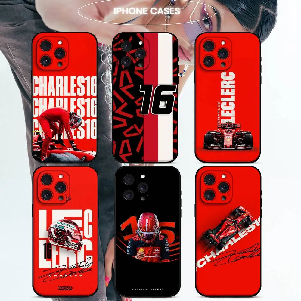 حافظة هاتف Formula 1 F1 C- Charles Leclerc غلاف أسود لهاتف آيفون 17/16/15/13/14 Pro Max/ 11 Plus/X/Xr/Xs Max/12 نماذج صغيرة