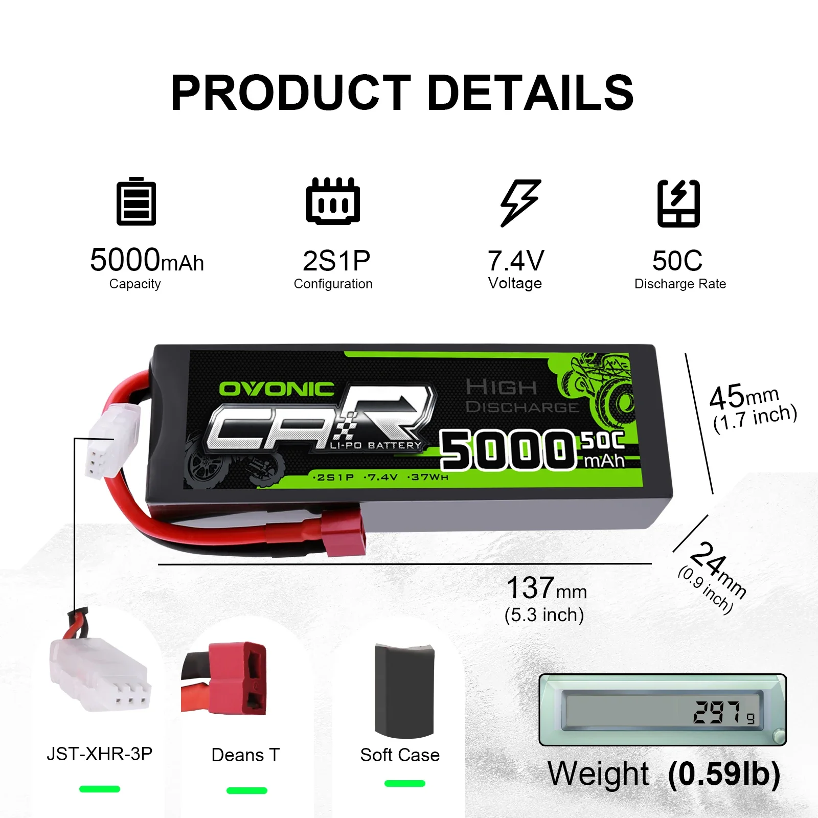 Ovonic 5000mAh Lipo 2S แบตเตอรี่แพ็ค50C T deans ปลั๊ก7.4V สำหรับ arrma 1/8 1/10 mobil RC emaxx Traxxas Slash HPI Boat Heli