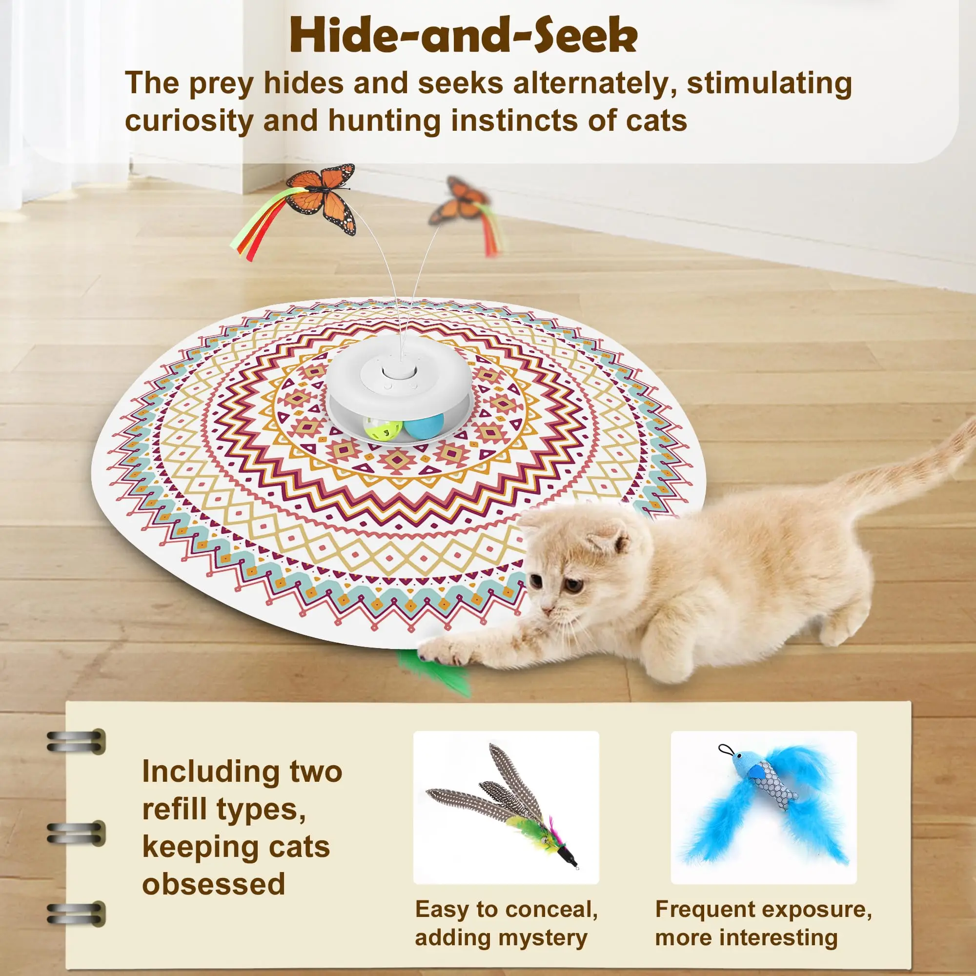 Cat Toys Rechargeable, 4 in 1 Hide and Seek Kitten Wand Toy, Automatic InteractiveToy for, Fluttering Butterfly, Chasing Feather