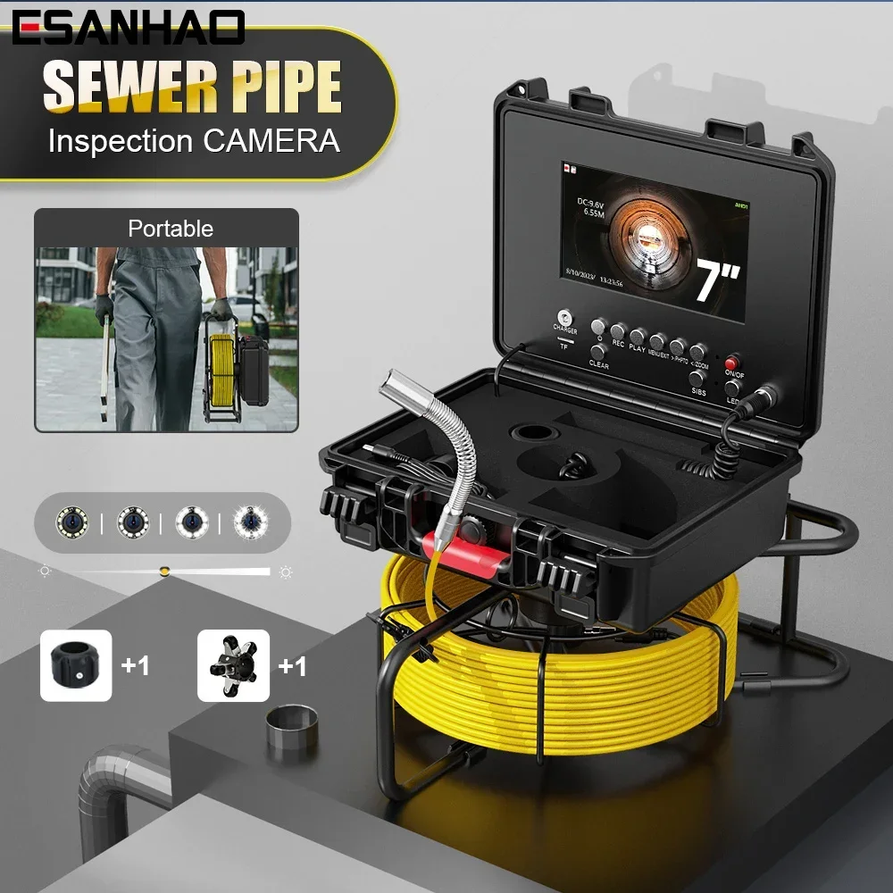 7'' DVR Sewer Pipe Inspection Camera with 512HZ Locator Meter Counter Self-Leveling, Sewage Pipeline Drain Industrial Endoscope