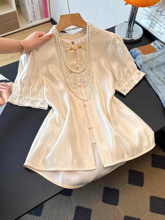 

New Chinese Style Embroidered Chiffon Shirt Thin Short Sleeve Stand Collar Button up Top Women's Summer Fashion Sensation