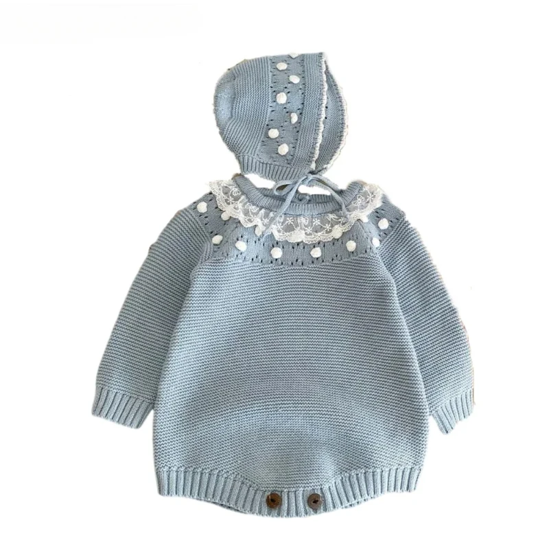 Neonati Maglia Tuta Bambini Tuta Ragazze Pagliaccetto per bambini SetClothes Maglioni per bambini Cappello lavorato a maglia blu Per i più piccoli Primavera Autunno