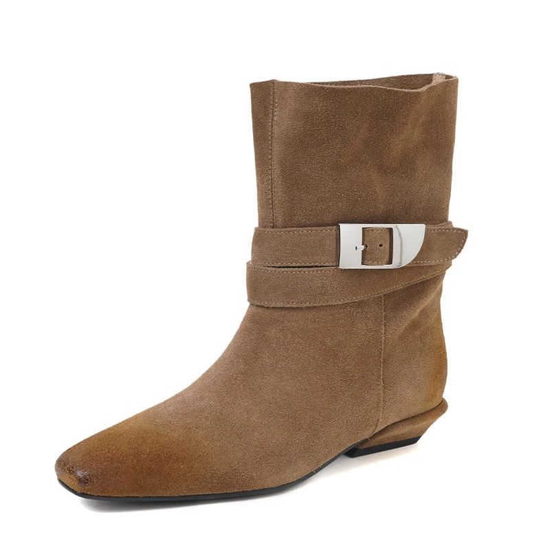 Women's Natural Suede Leather Metal Buckle Round Toe Slip-on Autumn Ankle Boots 3cm Thick Med Heel Elegant Ladies Short Booties