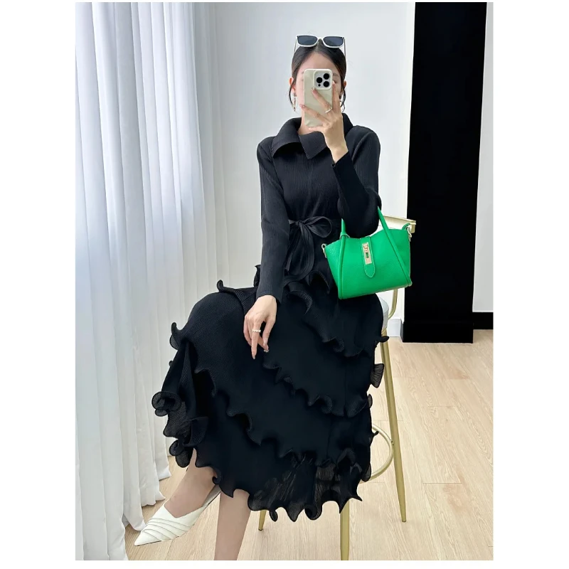 

Miyake Dress Women's 2023 Autumn New High End Western Style Age Reducing Cake Skirt Spliced Folded Collar Mid Length Skirt