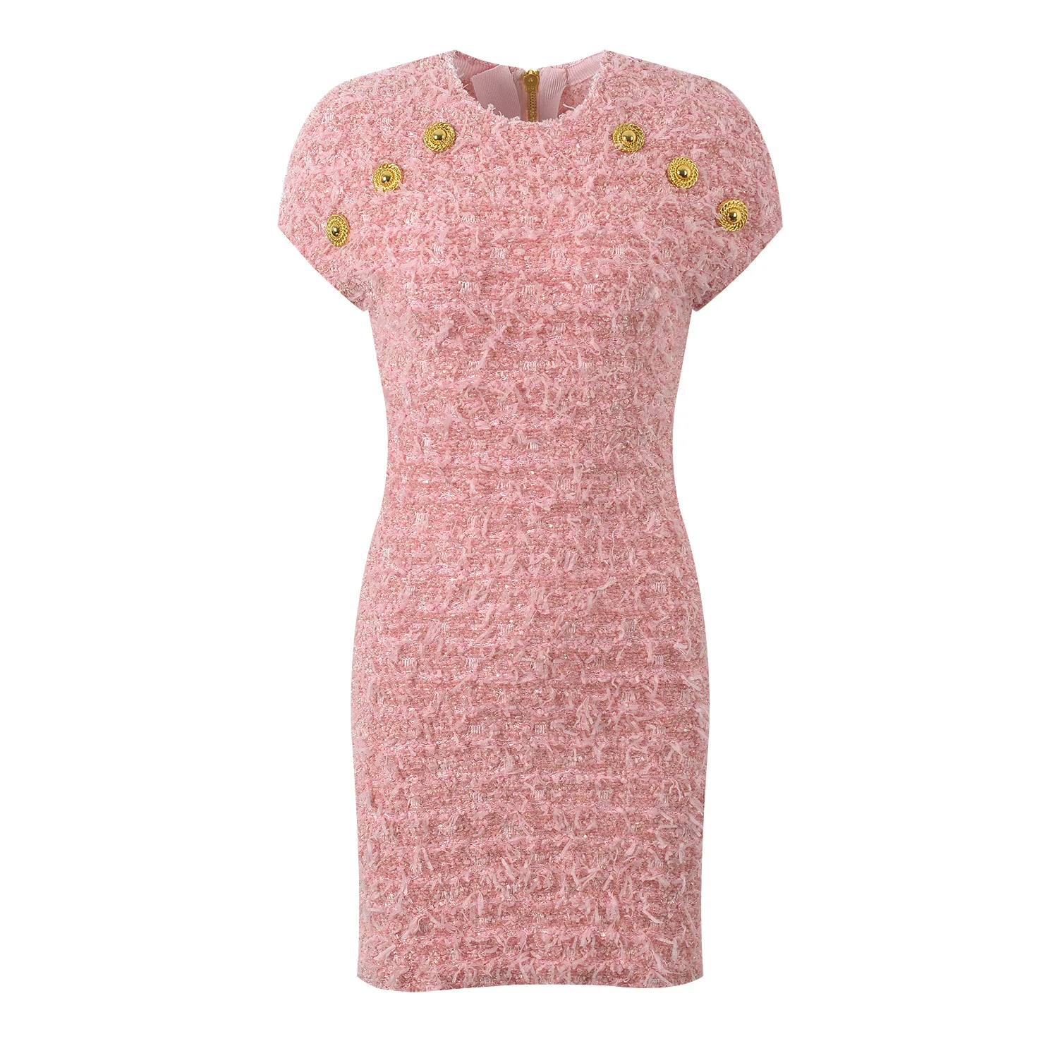 

Pink Knitted Dress 2024 Spring/Autumn New Little Fragrant Style Celebrity Light Luxury Metal Button Slim Fit Dress