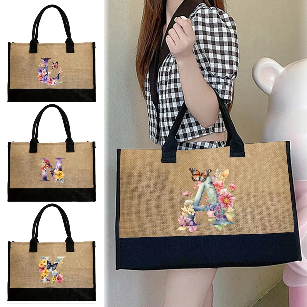 

Retro Tote Bags Linen Handbag Shopping Bag Multiple Styles Commuting Pouch Butterfly Letter Series Portable Organizer Pouch