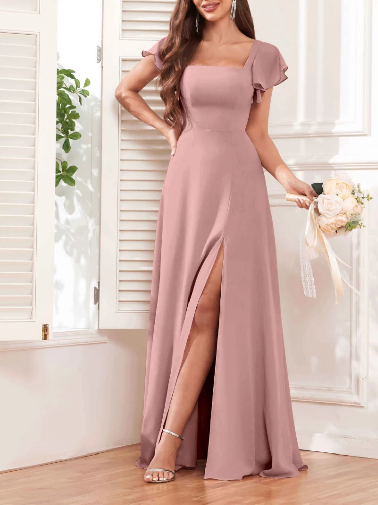 Customized Sweet Elegant Small Sqaure Short Sleeve Bridesmaid Dresses Sweet Summer Soft Slim Long Chiffo Vestidos Euramerican Po