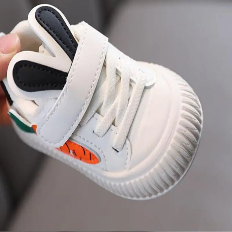 2024 Autumn New Children\'s Vintage Leather Sneakers Boys\' Radish Rabbit Ear Casual Board Shoes Girls\' Baby Little White Shoes 22