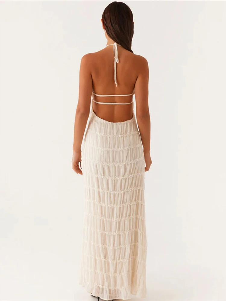 Mozision Halter Backless Sexy Maxi Dress For Women Spring Summer New Lace-up Sleeveless Pleated Beach Holiday Long Dress Elegant