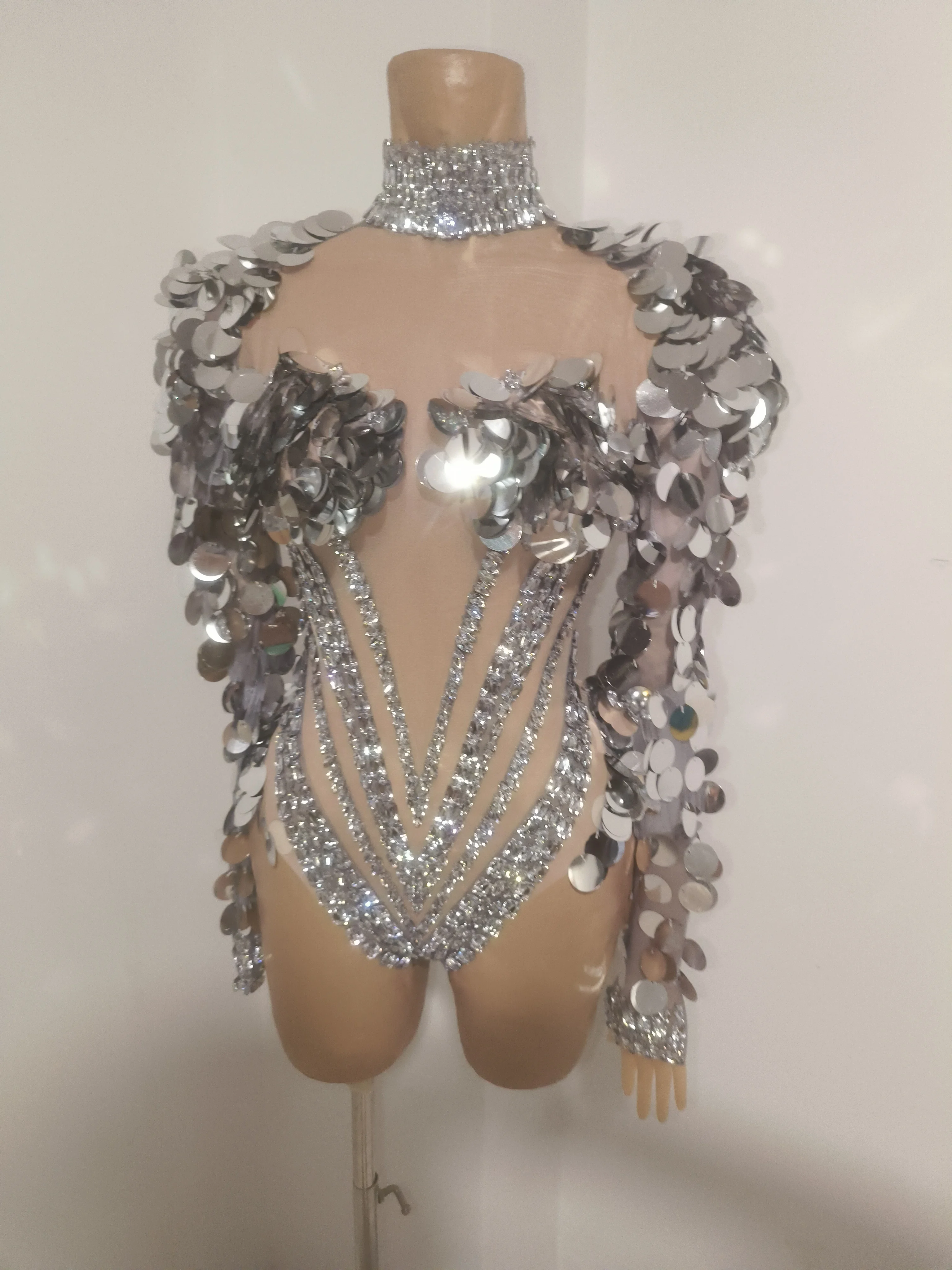 Women Sexy Mesh See Through Shining Diamond Sequins Bodysuit Luxury Birthday Dancer Performance Costume Nightclub Stage Outfit