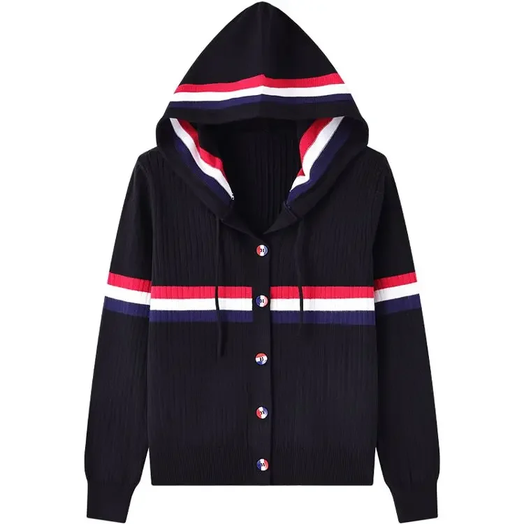 Three-color striped new hooded knit color cardigan pit strip sweater new long sleeve slim cardigan top for autumn and winter