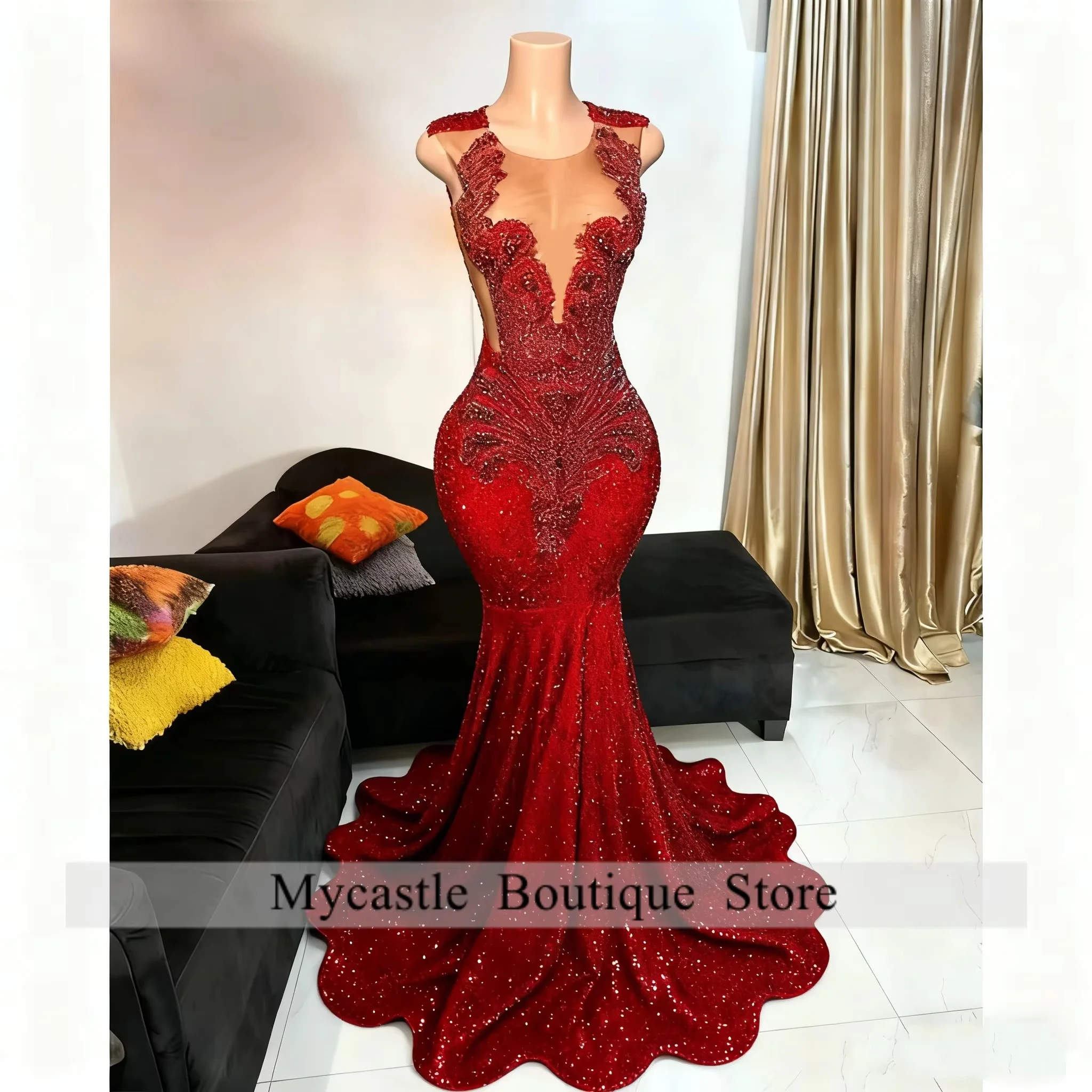 Luxury Red Prom Dress For Black Girls Crystal Beads Gems Sequins Feathers Party Dress Wedding Reception Gowns Customized