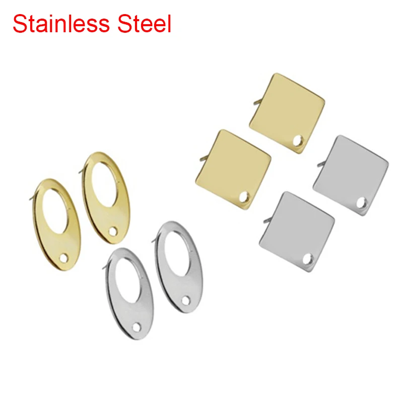 20pcs/lot Hypoallergenic Stainless Steel Earring Stud Post Gold Color Square Oval Earrings Hooks For Diy Jewelry Making Supplies