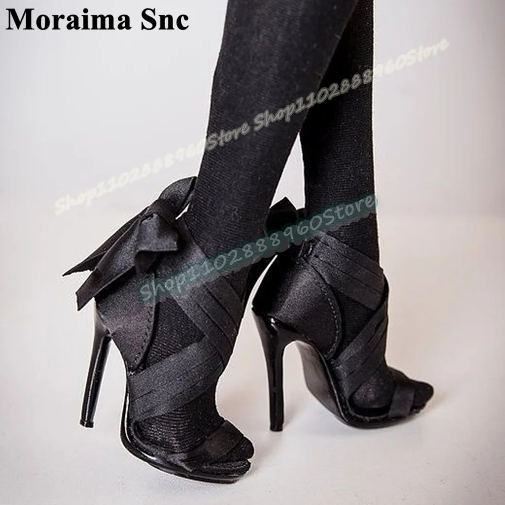 

Black Cloth Cross Strap Bowknot Sandals Thin High Heel Shoes For Women Buckle Open Toe Gorgeous Stylish Party Women Sandals