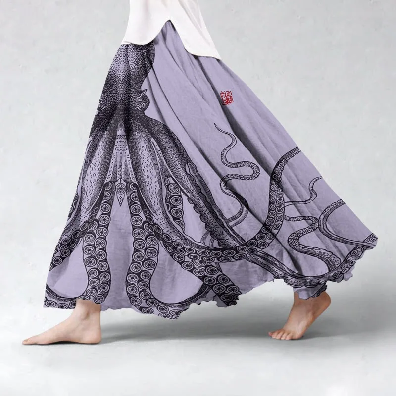 

Fashion Autumn Long Jupes Women's Vintage Watercolor Whale Floral Art Print Skirt Plus Size Casual Loose Swing Chic Bottoms