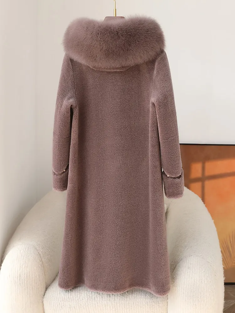 تخفيضات على نموذج جديد لمعطف نسائي من جلد الغنم 2025 مع ياقة فرو ثعلب بغطاء للرأس ومزيج من الصوف والفراء