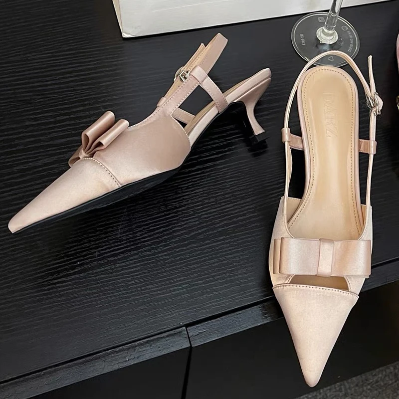 Pointed Toe Mid Heels Bow Women Sandals Fashion Sexy Dress Shoes New 2024 Summer Party Pumps Slingback Flip Flops Mujer Slides