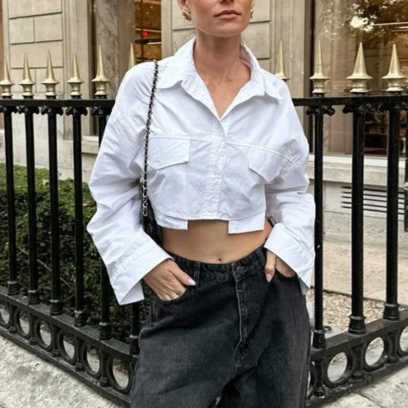 Fmxires 2025 Women Solid White Blouse Long Sleeve With Pocket Casual Loose Chic Tops Office Lady Fashion Basic Versatile Shirt