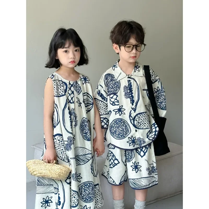 

Brother Sister Clothes 2024 Boy's Summer Suit Girl's Dress Or Casual Short-sleeved Shirt+Shorts Two-piece Suit