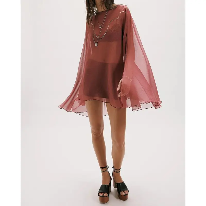 Women's Split Sleeve Sequins Decor Y2k Poncho Tops Boat Neck Loose Fit Flowy Summer Loose Fit Sheer Beach Cover Ups