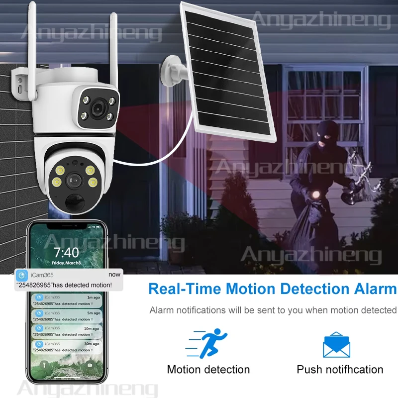 كاميرا مراقبة خارجية تعمل بالطاقة الشمسية مع صوت ثنائي الاتجاه IP66 مقاومة للماء للرؤية الليلية لمواقع البناء والمزرعة