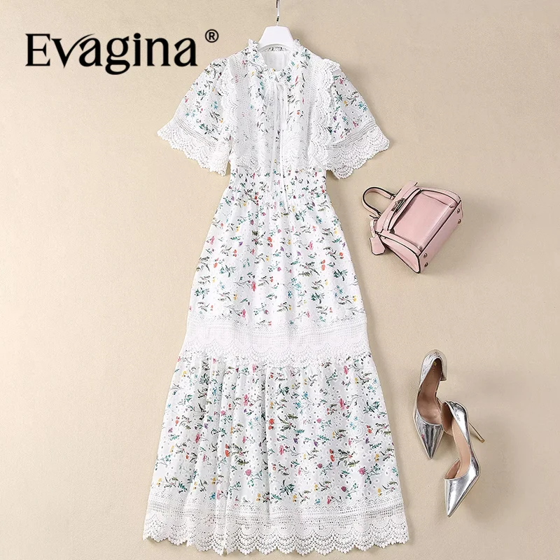 

Evagina Fashion Design Summer Women's Dress Stand Collar Lace-UP Flare Sleeved Lace Splicing Elastic Waist Floral Dresses