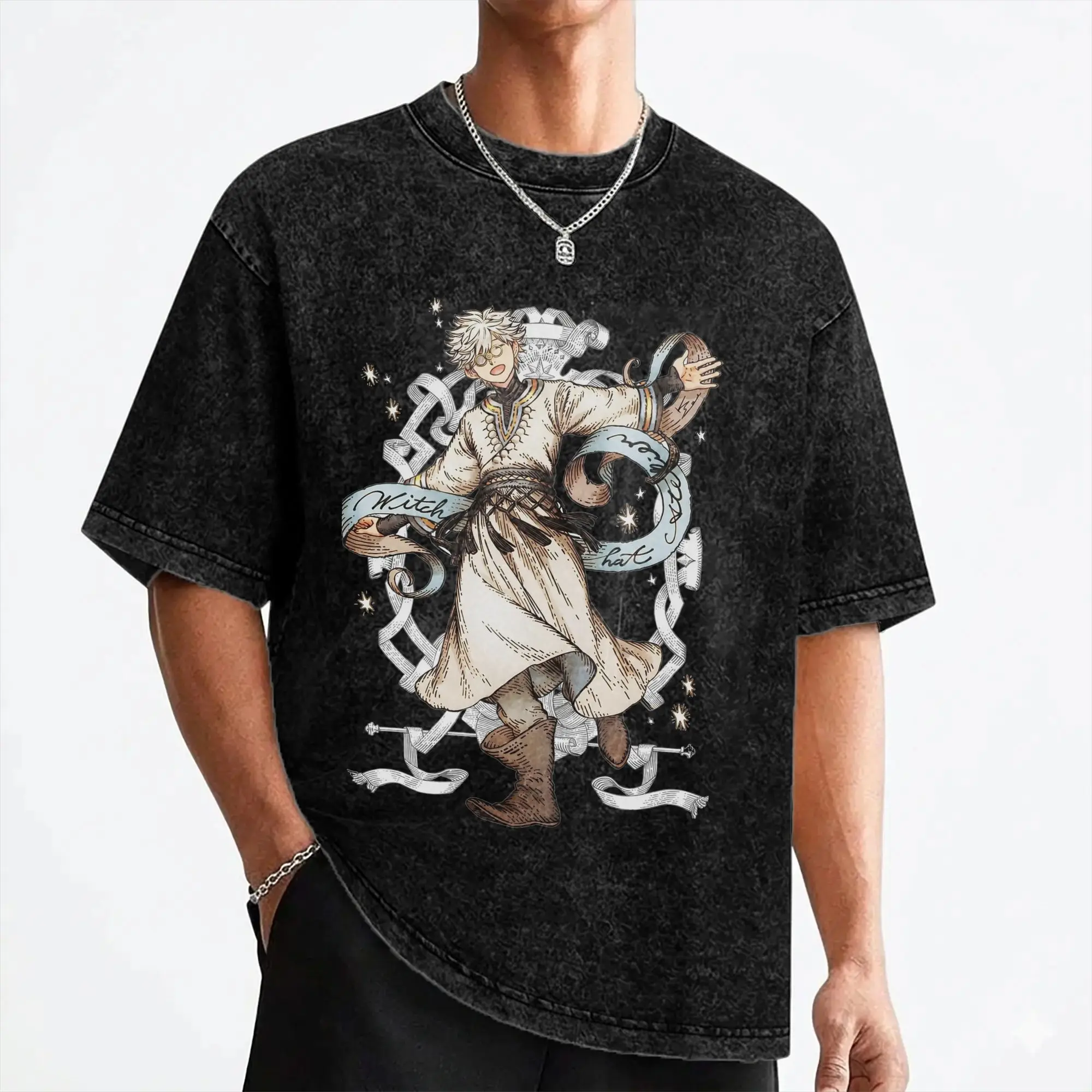 Camisetas de Anime Witch Hat Atelier, Camisetas de Manga Corta Lavadas, Estilo Vintage para Hombres y Mujeres, Camiseta con Estampado Gráfico Streetwear