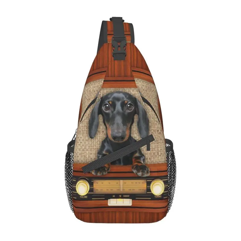 

Dachshund Dog On Radio Crossbody Sling Backpack Men Custom Badger Wiener Sausage Chest Shoulder Bag for Travel Hiking Daypack