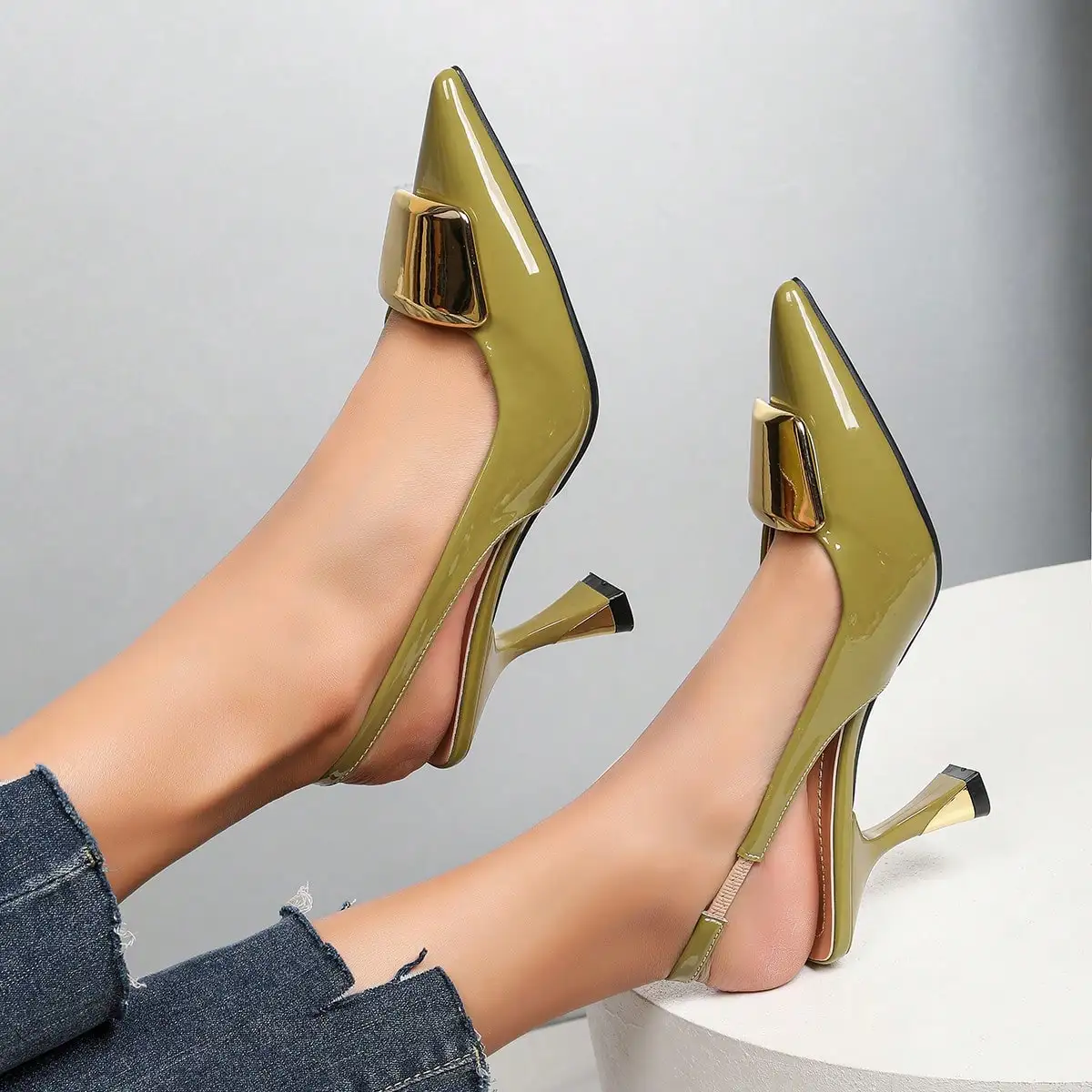 Elegant Women Closed Pointed-Toe Slingback Heels, Patent Leather Pumps with Stylish Square Buckle, Comfortable Versatile Formal Dress Shoes, Great for Office Business, Wedding Events, Dinner Party, Casual Wear and Summer Vacation view 4