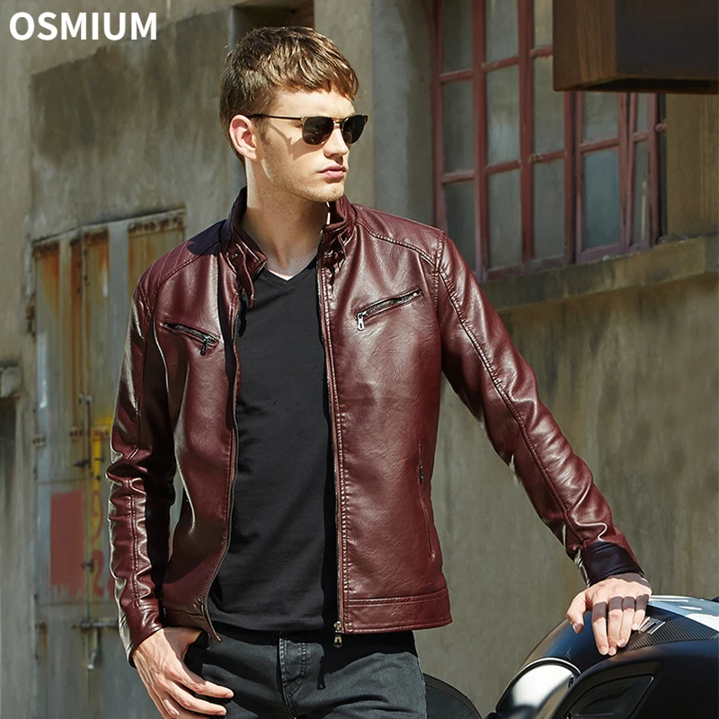 

Spring Fashion Slim Mens Biker Moto Jackets Motorcycle Men PU Leather Long Sleeve Burgundy Jacket Men Stand Collar Boys Tops 3xl