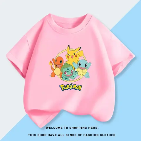 2025 Pikachu Pok É Mon tryckt kortärmad t-shirt för pojkar sommarkläder ny mode par halvärmad barn t-shirt 8 best sales Pikachu T-shirt - №7