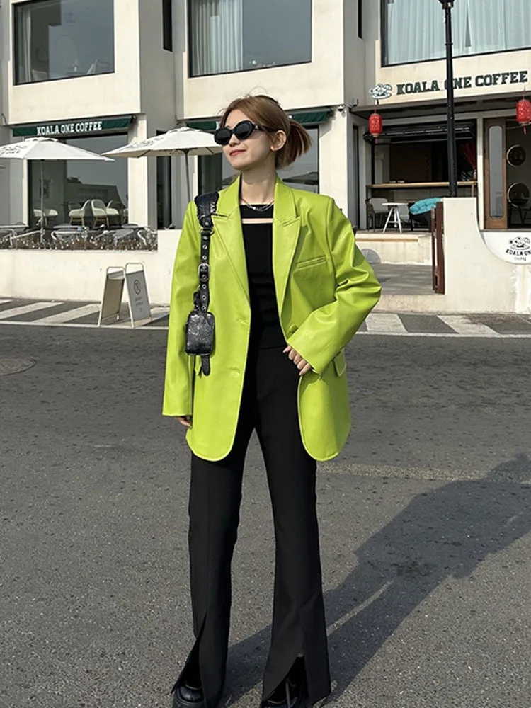 New Casual Fluorescent green Pu Leather Jacket Women Loose Leather Blazer Coats Spring 2023