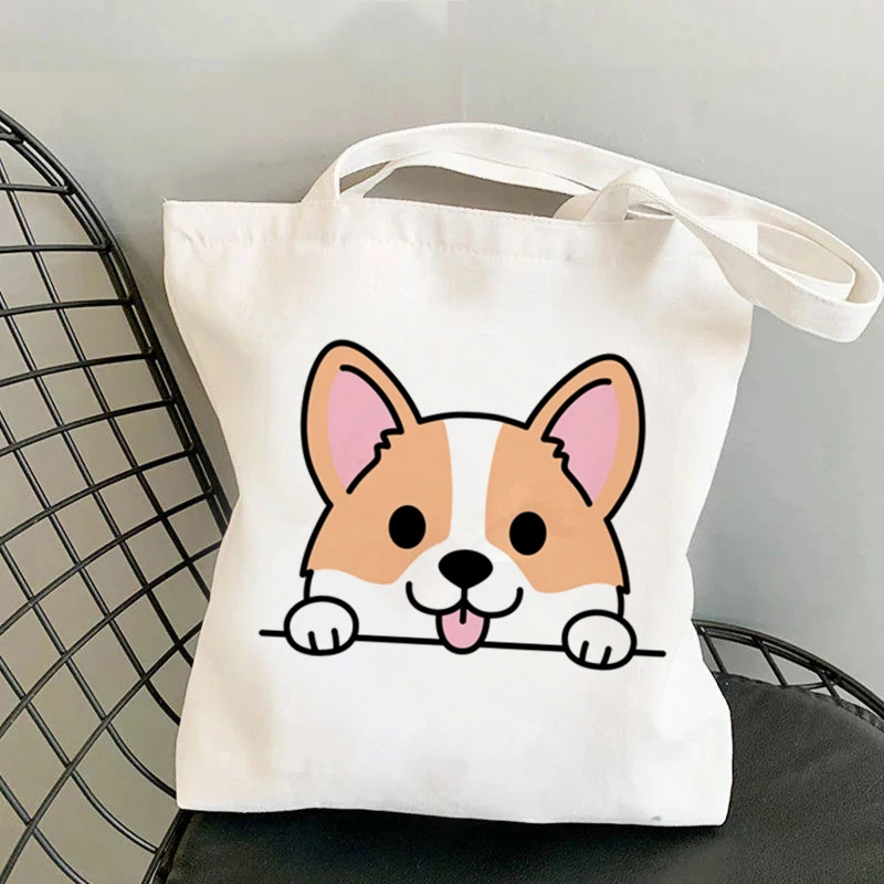 Corgi Boba Milk Tee Print Canvas Tote Bag Women Single Shoulder Bag Student Summer Reusable Shopping Bags