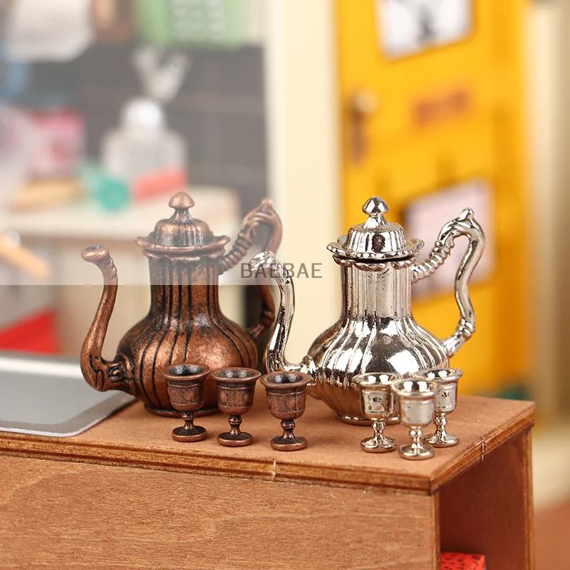 1Set 1:12 Dollhouse Miniature Wine Set Wine Jug Teapot Mini Flagon W/Cup Tableware Model Decor Toy Doll House Accessories
