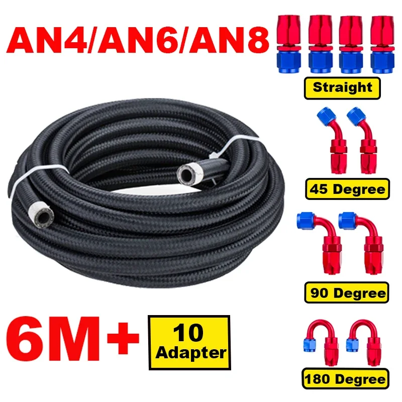 20FT 6M AN4 AN6 AN8 Stainless Braided Nylon CPE Oil Fuel Fitting Hose End 0+45+90+180 Degree Oil Adaptor Kit Oil Fuel Hose Line