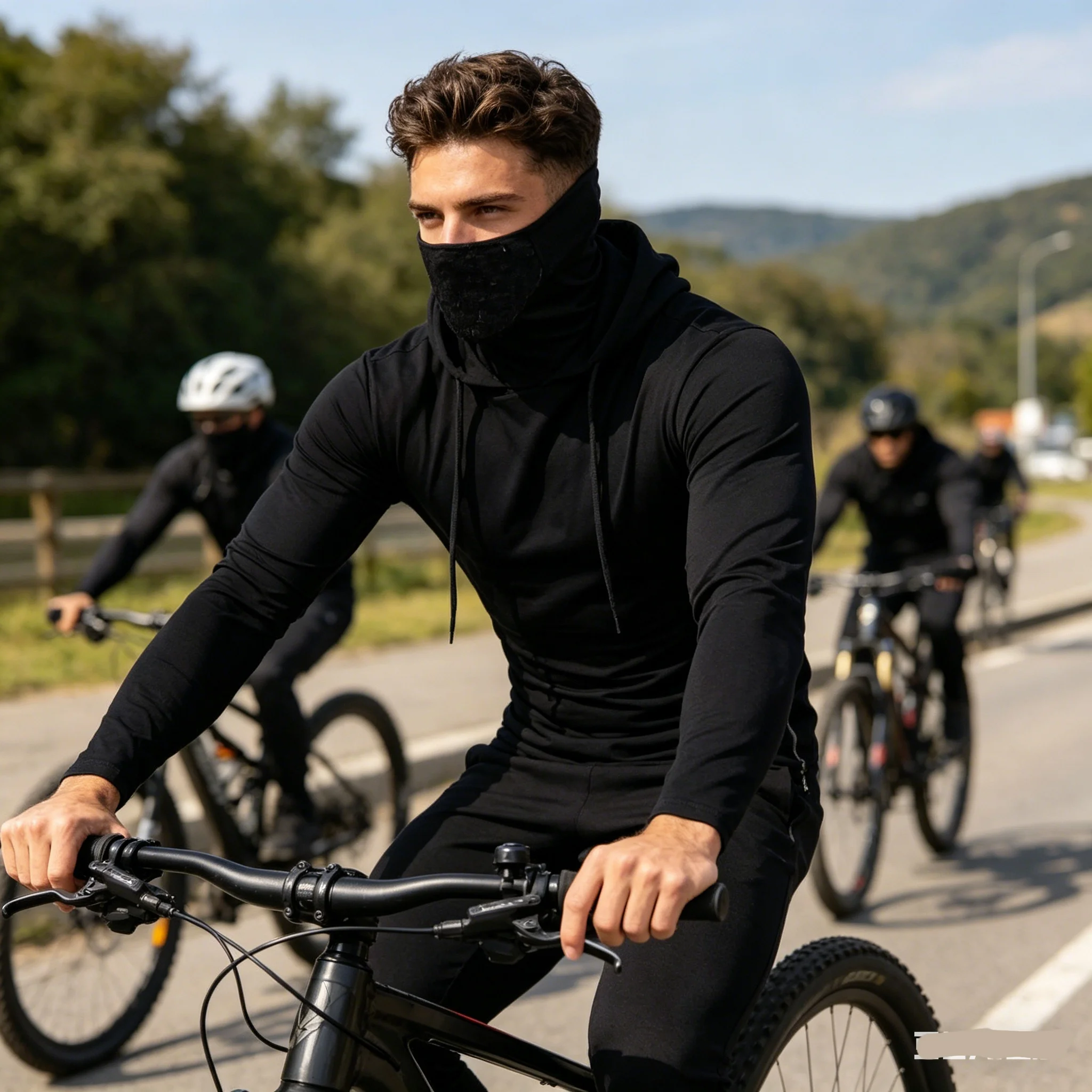 New Mens Gym Thin Hoodie Long Sleeve Hoodies With Mask Sweatshirt Casual Splice Large Mask Hoodie Sweatshirt Hooded Tops Cycling