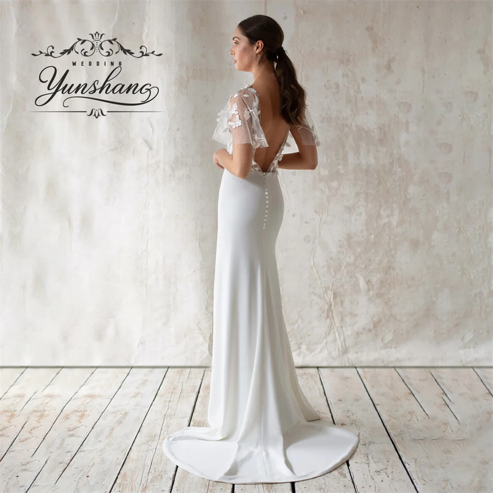 Yunshang Customized  Mermaid Wedding Dress V-Neck Sheer Butterfly Sleeves High Split Backless Button Floor Length Court Train