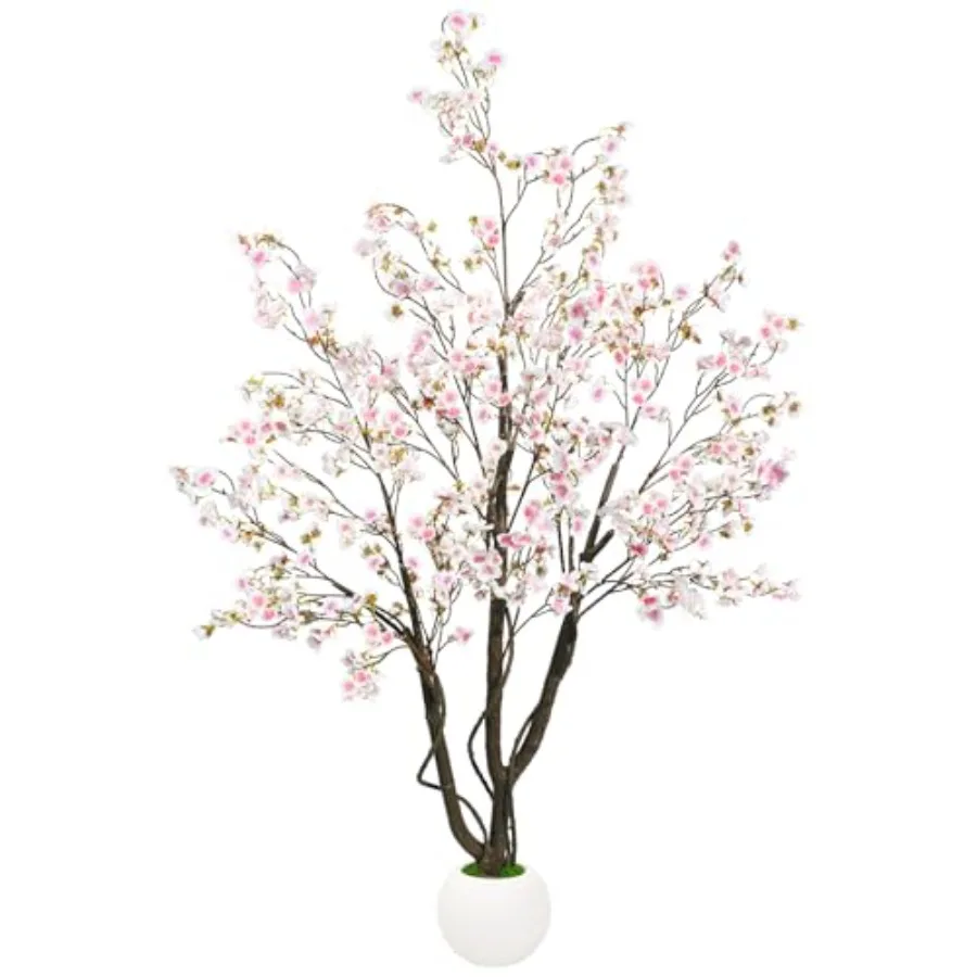 5Feet Cherry Bloosom Tree for Indoor Outdoor, Artificial Pink Tree with Ball-Shaped Pot and Moss Topper, Faux Large Floor Plant