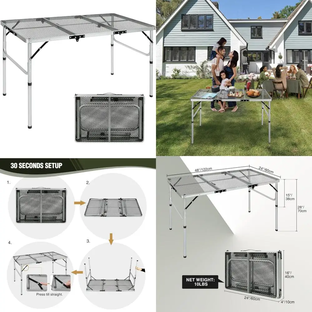 

Portable Aluminum Outdoor Grill Table - Lightweight, Foldable, Adjustable Height, 48x24 Inches for Camping and BBQs