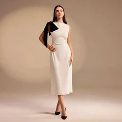 Customized White Jersey A-line O-neck Formal Evening Dress Contrast Color With Bow Sleeveless Tea-Length Party Prom Gowns