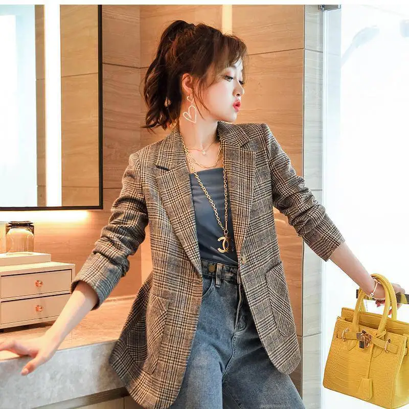 Spring Autumn Plaid Blazer Jacket Ladies Korean Style Office Slim Long Sleeve Pocket Jacket Casual Traf Ropa Mujer Blazer Women